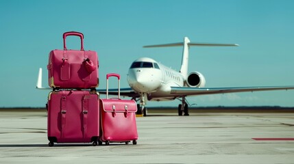 Preparing for a private flight. Jet. Luggage. Exclusive. Runway. Blue sky 