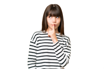 Little caucasian girl over isolated background showing a sign of silence gesture putting finger in mouth