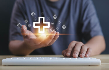 Businessman holds medical network connection icon health, medical, insurance, healthcare, care, concept. Medical technology services to solve public health problems medical business digital and health