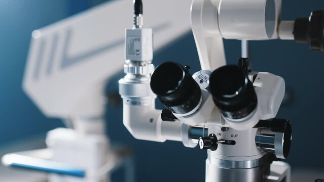 Interior of a modern ophthalmology operating room with modern equipment. The concept of new ophthalmological and modern technologies for vision correction and treatment.