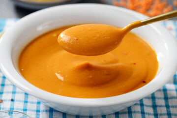 Fresh prepared homemade red lentil soup 