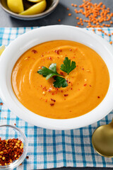 Fresh prepared homemade red lentil soup  - 745104587