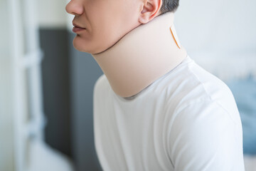 Man wearing a neck brace, orthopedic bandage, hernia of the cervical spine, health problems and pain concept - 745104715