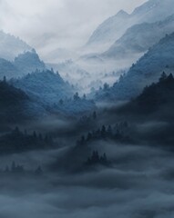 Indistinct mountain view framed by textured blue and white abstraction