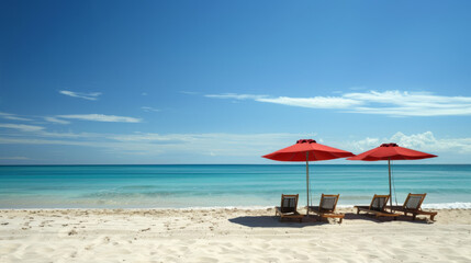 Fototapeta premium Secluded Beach Paradise with Red Umbrellas and Ocean View, Twin red umbrellas stand over wooden chairs on a pristine white sand beach
