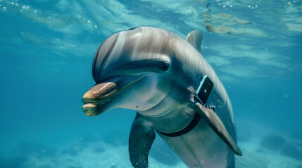 A dolphin with a waterproof smartwatch minimal portrait illustrating the intersection of marine life and wearable technology