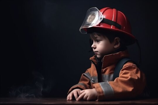 Boy child in uniform suit, helmet of hero of brave profession of fireman, black background isolate.