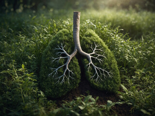 Conceptual image showing the human lungs integrated with nature. Healthy nature equals healthy lungs. Ecological theme.