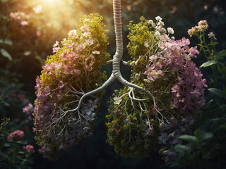 Conceptual image showing the human lungs integrated with nature. Healthy nature equals healthy lungs. Ecological theme.
