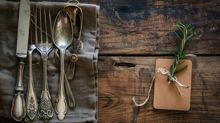 Vintage silverware with a twig of rosemary and empty tag on rustic wooden background 