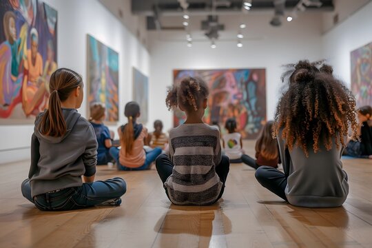 Back view at diverse group of children sitting on floor in modern art gallery and discussing paintings