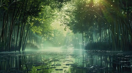 shockingly beautiful bamboo forest at sunrise, misty, dark, lush green, wet ground, extremely relaxing and sleep inducing