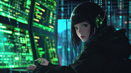 hacker girl in cyberpunk world, anime style