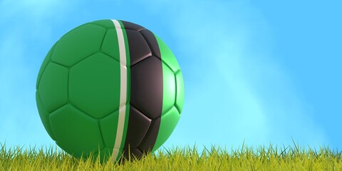 Football ball textured by Austin FC american soccer team uniform colors. Green grass of football field. 3D render