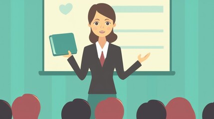 Confident businesswoman giving a presentation in a conference room.  She is holding a book.