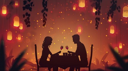 Fototapeta na wymiar Romantic dinner. Silhouette of a couple sitting at a table and drinking wine. The background is blurry and there are some lights in the background.