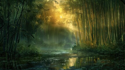 shockingly beautiful bamboo forest at sunrise, misty, dark, lush green, wet ground, extremely...
