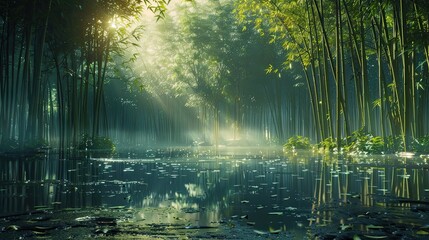 shockingly beautiful bamboo forest at sunrise, misty, dark, lush green, wet ground, extremely...