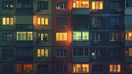 side view of modern apartment house windows, some of them with lights on, in the night, photoreal 