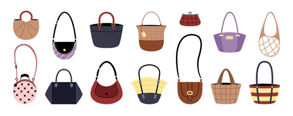 Trendy bags. Female purse. Small handbag. Girls style design. Modern tote and crossbody. Fashion clothing collection. Grocery food pouch. Boutique shopping. Vector tidy fashionable accessories set