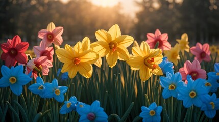 Luminous daffodils and colorful blossoms flourish in the warm sunset light 
