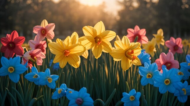 Fototapeta Luminous daffodils and colorful blossoms flourish in the warm sunset light 