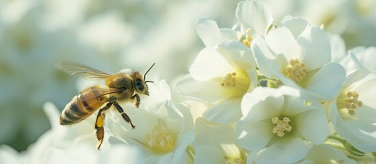 A bee is perched on a vibrant yellow primrose flower, its wings momentarily still as it collects nectar. The delicate petals of the flower contrast with the bees fuzzy body, creating a scene of