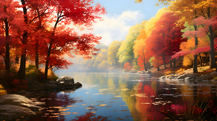 A tranquil pond nestled amidst a tapestry of crimson, amber, and gold foliage, reflecting the kaleidoscope of colors under the clear azure sky of fall