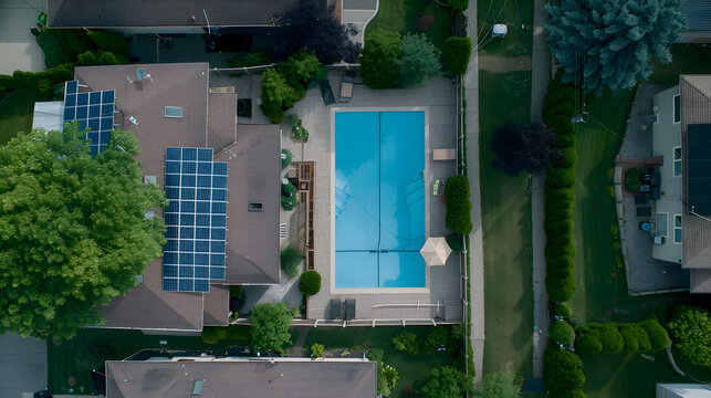 A tranquil suburban neighborhood captured from above, where every house features modern solar panel arrays reflecting the brilliance of the midday sun
