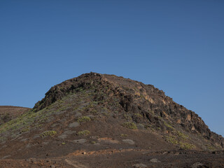 Hill and vegetation in desert landscape and blue sky on the edge of Las Palmas in the Canary islands, Spain