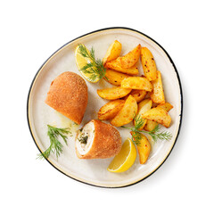 Chicken Kiev breast stuffed with butter, garlic and dill. Served with baked potato slices and fresh herbs. top view. isolated on white background