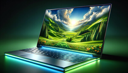 Laptop with vivid landscape wallpaper on screen, highlighted by colored lights.
