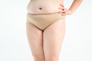 Overweight thigh, woman with fat hips and legs, obesity female body with cellulite on gray background - 745106377