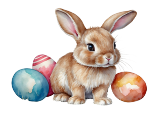 Cute bunny with easter eggs, png illustration watercolor on transparent background, for your print, greeting card design, t-shirt design