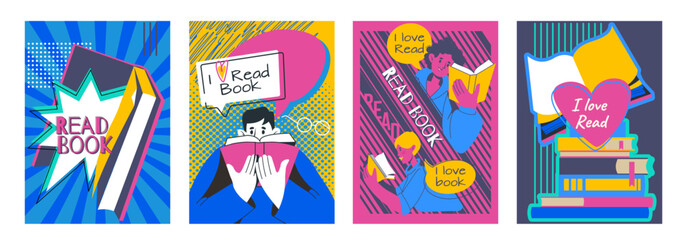 Love books poster. People read literature. School studying. Magazine reader. Students education. Summer pattern fun. Academic textbooks. Bookworms hobby. Bookstore cards. Vector collage banners set