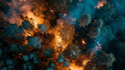 Fototapeta na wymiar Forest fire at night, top view