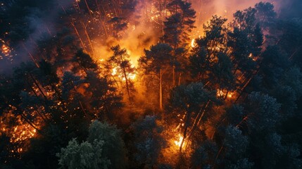 Naklejka premium Forest fire at night, top view