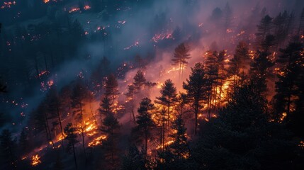 Forest fire at night from above