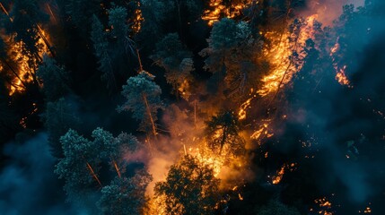 Fototapeta na wymiar Forest fire at night from above