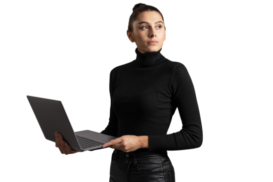 Elegant woman in black working with laptop, isolated on white, technology in business concept