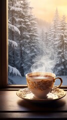 Obraz na płótnie Canvas Steaming coffee cup by the window with a winter landscape