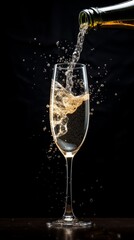 A stream of champagne is pouring into the glass