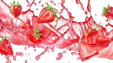 Splashes and waves of strawberry juice on a white clean background in the air, seamless presentation banner