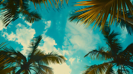 Fototapeta na wymiar A vintage-filtered image of palm trees silhouetted against a vibrant blue sky, captured from a low angle with sunlight filtering through the leaves