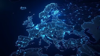 Abstract digital map of Western Europe, concept of European global network and connectivity, data transfer and cyber technology, information exchange and telecommunication - obrazy, fototapety, plakaty