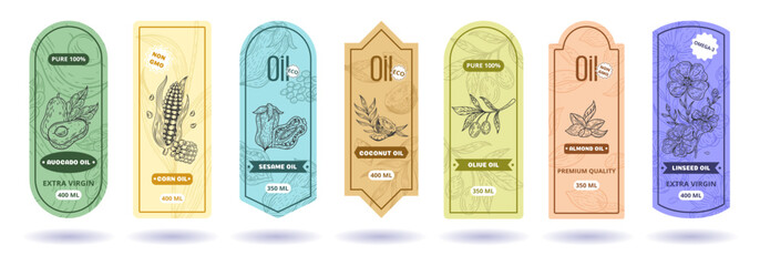 Oil label design. Flaxseed packaging. Peanut protein. Corn and avocado logo. Decorative sketch badge. Sesame and sunflower seeds. Diet keto icon. Advertising sticker template. Vector tidy prints set