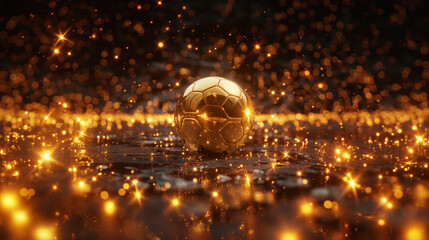 golden ball on the golden soccer field in soccer stadium. ready for game in the midfield - obrazy, fototapety, plakaty