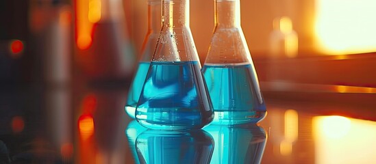 A pair of glass bottles filled with blue liquid are positioned on a glass table, set against a warm background. The front view showcases the laboratory chemical containers in isolation.