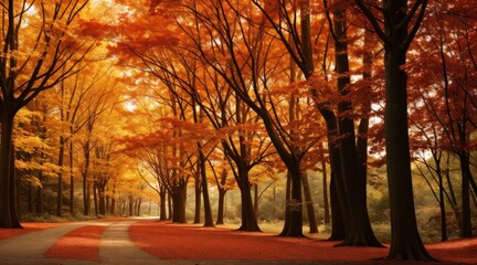 Peaceful forest path surrounded by tall trees featuring fiery autumn leaves 