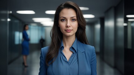 Fototapeta premium Poised lady in blue attire stands confidently in a modern office hallway